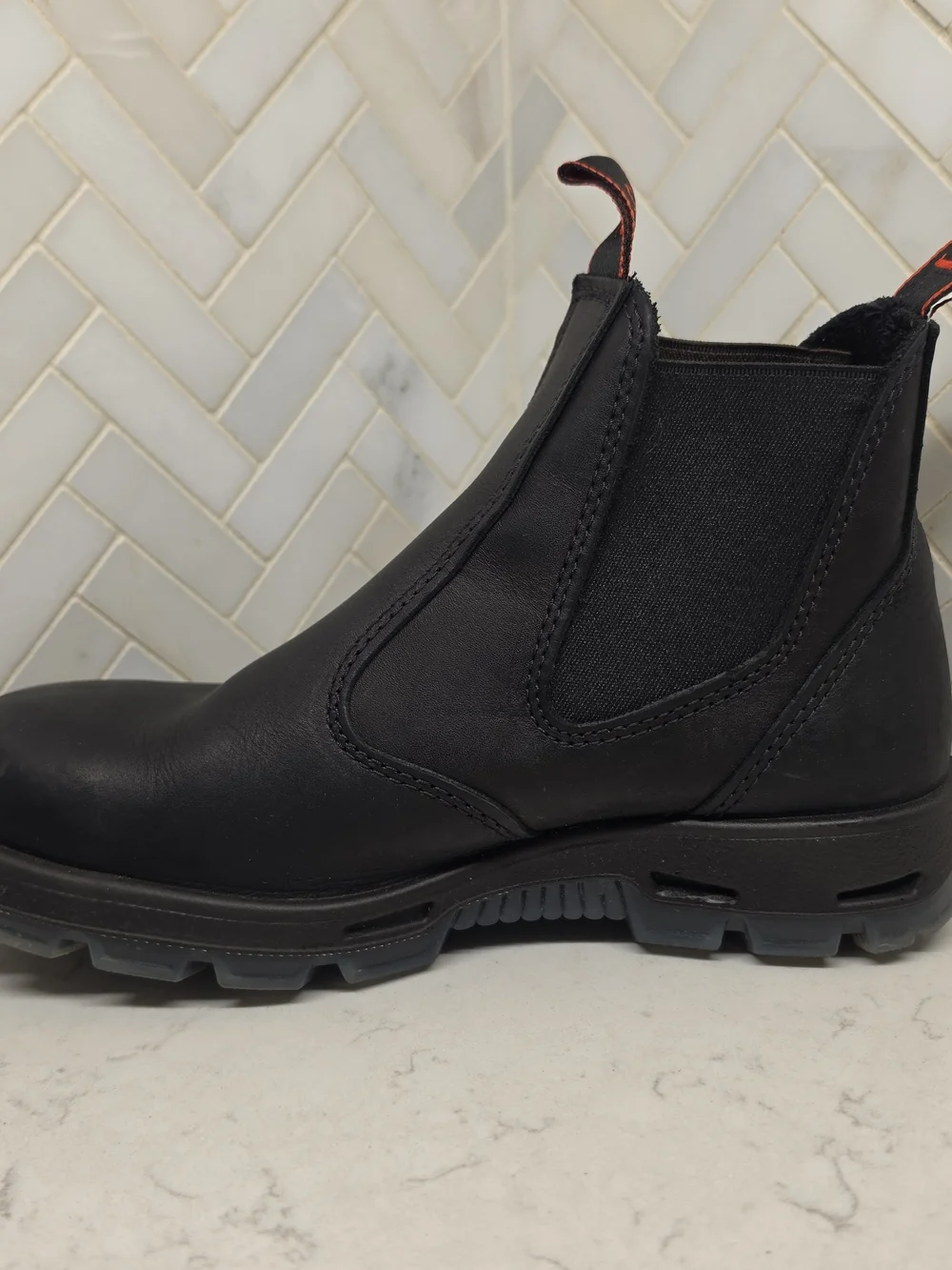 Redback Boots Black Chelsea Work Boots with Red Pull Tabs